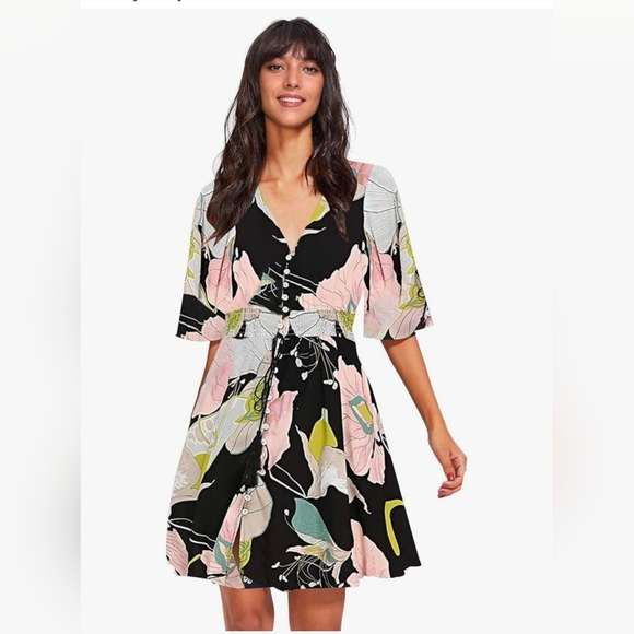 Milumia Dresses & Skirts - Womens Vintage Boho Button Up Split Floral Print Flowy Party Dress Floral Pink 